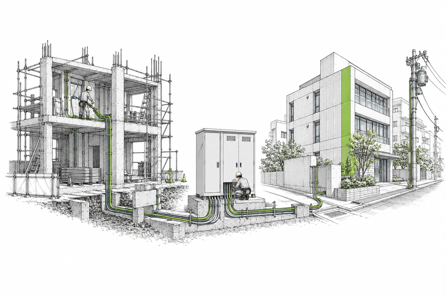 建設と電気設備、街をつなぐイラスト